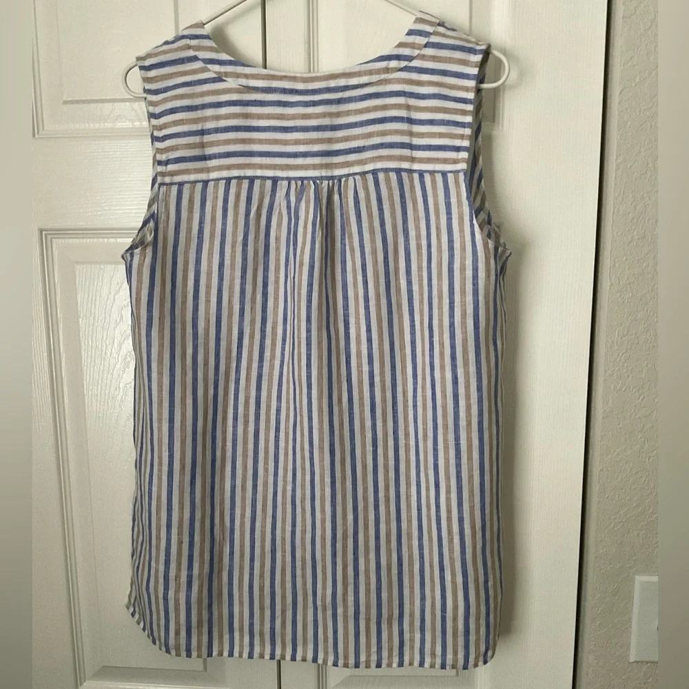Talbots Sleeveless Linen Lace-up V-neck Top Blue, White & Tan Striped Size M NWT - Picture 10 of 10